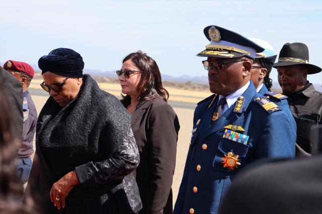 WINDHOEK, 21 August 2026 – President Netumbo Nandi-Ndaitwah with Chief of the Namibian Defence Force Air Marshal Martin Pinehas during the repatriation of former liberation heroes from South Africa at Hosea Kutako International Airport  (Photo: Andreas Thomas) NAMPA