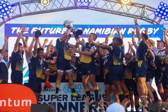 WINDHOEK, 23 August 2026 - Windhoek Afrikaanse Privaatskool (WAP) celebrating their victory and crowned the 2026 Momentum Namibia School Sport Union (NSSU) U19 Super League champions after an impressive 50-24 victory over arch-rivals Windhoek Gymnasium at the Hage Geingob Stadium. (Photo: Hesron Kapanga) NAMPA