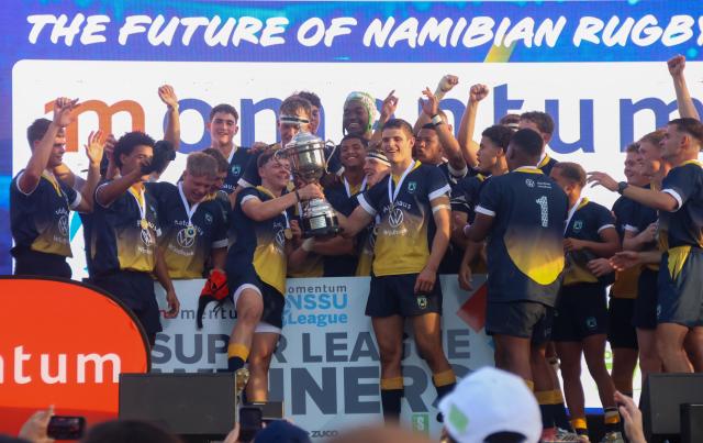 WINDHOEK, 23 August 2026 - Windhoek Afrikaanse Privaatskool (WAP) celebrating their victory and crowned the 2026 Momentum Namibia School Sport Union (NSSU) U19 Super League champions after an impressive 50-24 victory over arch-rivals Windhoek Gymnasium at the Hage Geingob Stadium. (Photo: Hesron Kapanga) NAMPA