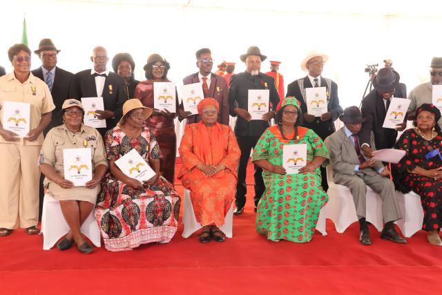 WINDHOEK, 25 August 2026 – President Netumbo Nandi-Ndaitwah pictured with some of the recipients of liberation medals (Photo: Uakutura Kambaekua) NAMPA