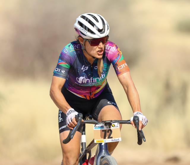 GROSS BARMAN, 22 August 2026 - Namibia’s international female cyclist Vera Looser while in action during the Khomas100 ride which sees riders cycling from Windhoek to Gross Barman in Okahandja. Namibia's Alex Miller won the 140km men's category while South Africa's Hayley Preen won the women's category. Looser came second. (Photo: Hesron Kapanga) NAMPA