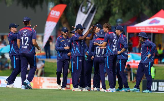 WINDHOEK, 28 August 2026 - Namibia’s senior men’s national cricket team, the Eagles, celebrating the wicket against South Africa during the T20 Tri-Series campaign at the FNB Namibia Cricket Ground in Olympia, Windhoek. Namibia won the match by 18 runs and the victory marked Namibia’s second win over South Africa in a T20 international meeting, following their historic triumph over the Proteas earlier this year at the same venue. (Photo: Hesron Kapanga) NAMPA