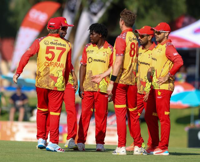 WINDHOEK, 28 August 2026 - Zimbabwe's senior men’s national cricket team, celebrating the wicket against South Africa during the T20 Tri-Series campaign at the FNB Namibia Cricket Ground in Olympia, Windhoek. South Africa won the match by 7-wickets. (Photo: Hesron Kapanga) NAMPA