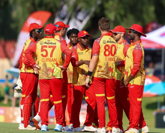 WINDHOEK, 29 August 2026 - Zimbabwe's senior men’s national cricket team, celebrating the wicket against South Africa during the T20 Tri-Series campaign at the FNB Namibia Cricket Ground in Olympia, Windhoek. South Africa won the match by 7-wickets. (Photo: Hesron Kapanga) NAMPA