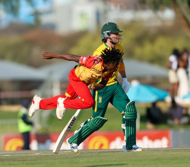 WINDHOEK, 28 August 2026 - Zimbabwean bowler in yellow while in action against South Africa during the T20 Tri-Series campaign at the FNB Namibia Cricket Ground in Olympia, Windhoek. South Africa won the match by 7-wickets. (Photo: Hesron Kapanga) NAMPA