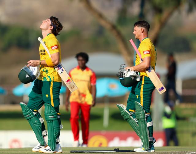 WINDHOEK, 29 August 2026 - South African cricketers Dewald Brevis (left) and teammate Rubin Hermann duirng the T20 Tri-Series campaign at the FNB Namibia Cricket Ground in Olympia, Windhoek. South Africa won the match by 7-wickets. (Photo: Hesron Kapanga) NAMPA