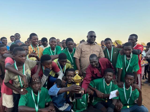 NYONDO, 31 August 2026 - Diva United Football Club showing off their medals and cup they won during the HAM Heroes Cup tournament. The founder of the Cup the councilor of Ndonga Linena Constituency Anselm Marungu is pictured with them. (Photo by: Sawi Hausiku) NAMPA 