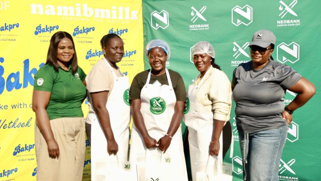 WINDHOEK, 02 September 2026 - From left to right, Nedbank Namibia Oshana Mall Branch Manager, Loini Jonas; Loise Imvula; Saima Shipululu; Lucia Gideon; and Nedbank Namibia Oshakati Branch Manager, Beata Hilundwa, at the prizegiving event of the Nedbank Kapana Cook-Off competition northern round. (Photo: Contributed) NAMPA 