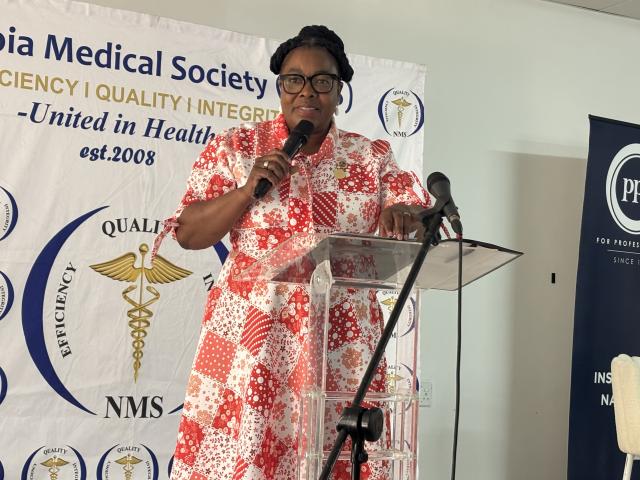 RUNDU, 05 September 2026 - The Deputy Minister of Health and Social Services Susan Ndjaleka delivering a statement on behalf of Health Minister Esperance Luvindao during the Namibia Medical Society conference at Rundu. (Photo by: Sawi Hausiku) NAMPA 