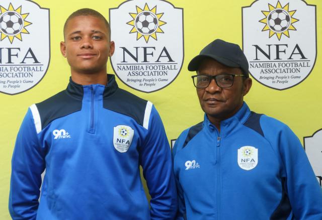 WINDHOEK, 09 September 2026 - Young Warriors head coach Lucky Shipanga (right) and team goalkeeper Micheni Kavendjii during the Under-20 national team announcement ahead of the Cosafa Under-20 Championship in Mozambique. (Photo: Hesron Kapanga) NAMPA