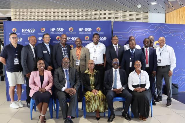 WINDHOEK, 09 September 2026 - Minister of Industries, Mines and Energy Modestus Amutse (second from left sitted)) pictured with delegates at the Second International Conference on Finance and Sustainable Business (ICFSB 2026) hosted at NUST's Harold Pupkewitz Graduate School of Business on Wednesday. (Photo: Contributed) NAMPA.