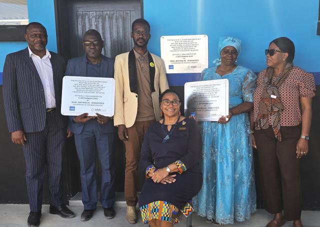 WINDHOEK, 10 September 2026 - From Left to Right: Dr Fabian George (MTC Board Member and Chairperson of the MTC CSI committee), Benhardt Geigob (Principal for !Oe #Gab Primary School) Mr Jossel Hindjou (Principal for Okongue Primary School), Hon. Nathalia /Goagoses (Governor of the Erongo Region), Anna Josti (Principal for JP Brandt primary), and Inecia Brandt (Daures Constituency Councillor). (Photo: Contributed) 