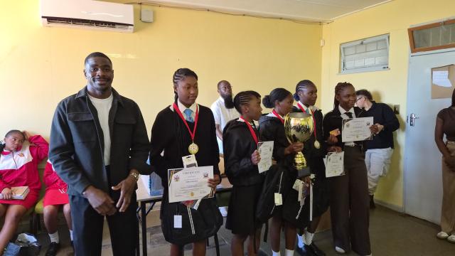 MARIENTAL, 18 September 2026-Learners and coach of /Anes Secondary School pose with their prizes after winning the Junior Secondary Phase at the Hardap Regional Commerce Quiz in Mariental on Thursday. (Photo: Joe-Chintha Garises) NAMPA