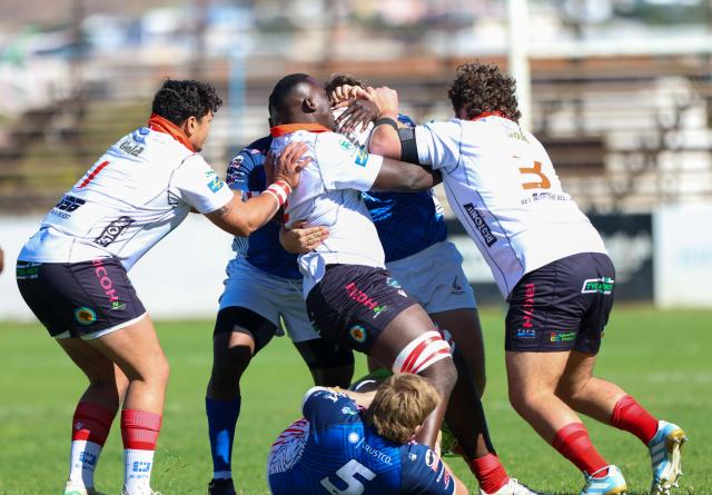 WINDHOEK, 20 September 2026 - Wanderers Rugby Club (in white) and Montego United during the last Namibia Rugby Union Premier League Fixture at Hage Geingob Stadium on Saturday. Wanderers defeated their arch-rivals 41-29. (Photo by: Hesron Kapanga) NAMPA