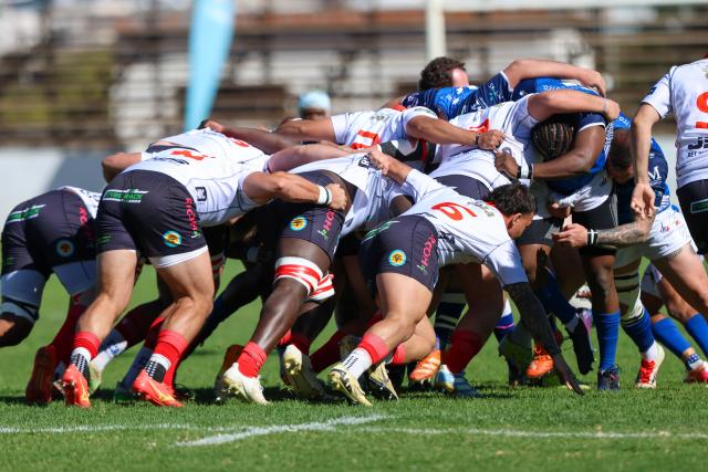 WINDHOEK, 20 September 2026 - Wanderers Rugby Club (in white) and Montego United during the last Namibia Rugby Union Premier League Fixture at Hage Geingob Stadium on Saturday. Wanderers defeated their arch-rivals 41-29. (Photo by: Hesron Kapanga) NAMPA