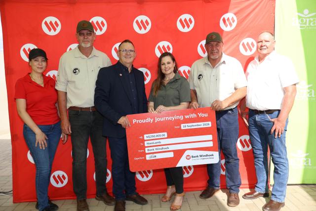 WINDHOEK, 21 September 2027 - From left to right: Bank Windhoek Manager of Corporate Social Responsibility and Sponsorships, Audrey Mostert; Hannes Agenbach, Founder of NamLamb; Leon Koch, Bank Windhoek Executive Officer: Retail Banking Services, Chrislemien Stroh, Agra Executive Manager: Marketing, Lenn de Jager, Founder of NamLamb and Agra Chief Executive Officer, Arnold Klein. (Photo:Contributed) 