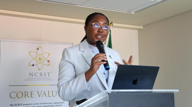 WINDHOEK, 23 September 2026 - Minister of Information, Communication and Technology Emma Theofelus speaking at Namibia's National Artificial Intelligence (AI) here Wednesday, structured around four centres for research, software development, innovation and data. (Photo by: Chelva Wells) NAMPA 
