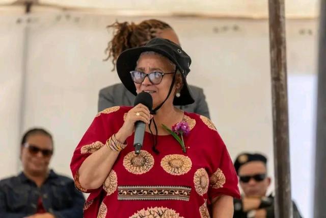 OPUWO, 24 SEPTEMBER 2026- Vice President Lucia Witbooi addresses residents of Otjomuru Village during a community meeting at Dr Libertina Amadhila Combined School in the Epupa Constituency, Kunene Region, on  Thursday. (Photo: Contributed) NAMPA 