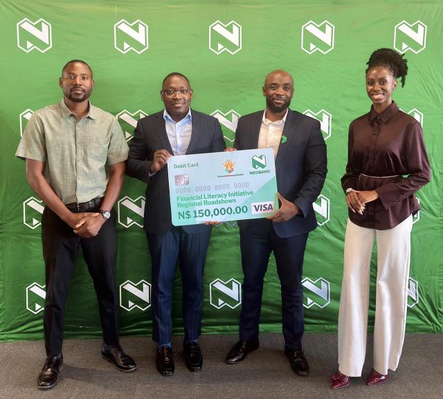 WINDHOEK, 29 September 2026 - From left to right: Senior Economist: Training and Coordination, Vitalis Iiyambo; FLI Secretariat Manager, Josef Ihemba; Nedbank Namibia Chief Financial Officer, Victor Maengahama; and FLI Young Professional: Media and Communication, Beata Shingenge at the handover of the literacy road show at Nedbank. (Photo:Contributed) 