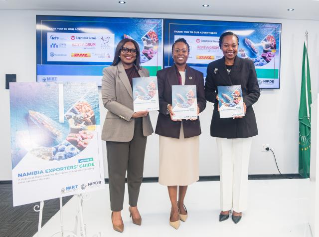 WINDHOEK, 01 October 2026 - From left to right, Acting Executive: Competitiveness and Branding at the Namibia Investment Promotion and Development Board (NIPDB), Catherine Shipushu, Executive Director of the Ministry of International Relations and Trade, Ndiitah Nghipondoka-Robiati and NIPDB Acting Chief Executive Oficer, Julia Muetudhana during the launch of the Exporters’ Guide. (Photo: Contributed) NAMPA