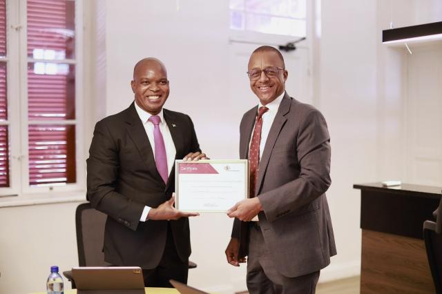 WINDHOEK, 02 October 2026 - Ebson Uanguta, Governor of the Bank of Namibia and Jerome Mutumba, Chairperson of Access Bank Namibia. (Photo: Contributed) NAMPA 