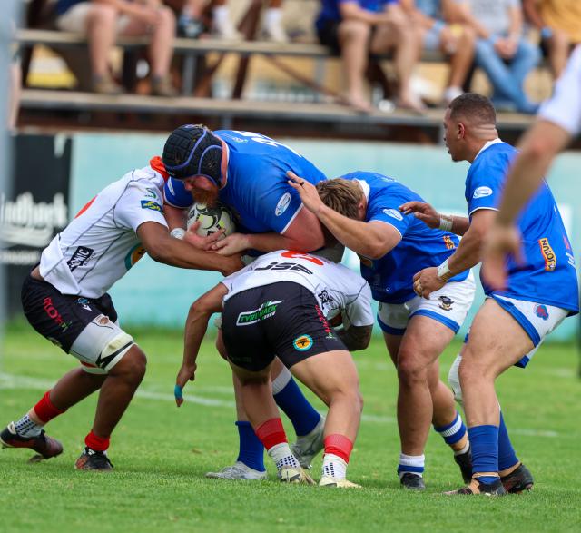WINDHOEK, 10 October 2026 - Wanderers players in white and Kudus player while in action during the final of the 2026 Namibia Rugby Union Premier League final at the Hage Geingob Stadium in Olympia. (Photo by: Hesron Kapanga) NAMPA