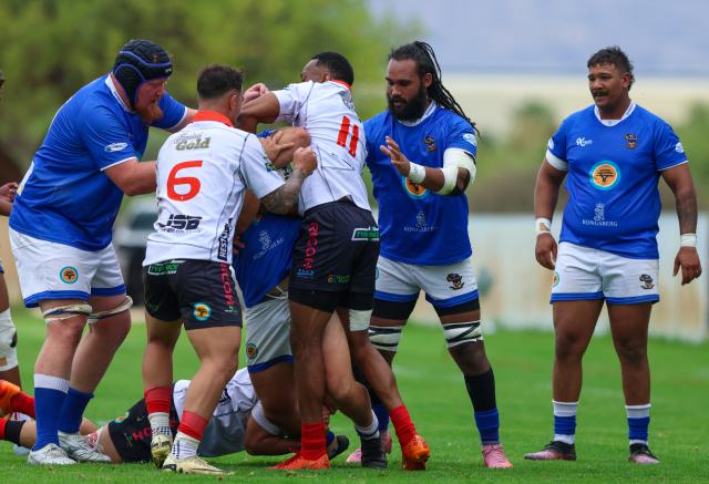 WINDHOEK, 10 October 2026 - Wanderers players in white and Kudus player while in action during the final of the 2026 Namibia Rugby Union Premier League final at the Hage Geingob Stadium in Olympia. (Photo by: Hesron Kapanga) NAMPA