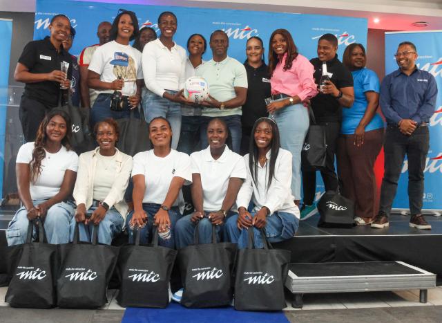 WINDHOEK, 11 October 2026 - National senior netball team players, technical team and league sponosrs MTC and national team sponsor Debmarine posing for a picture during a recognition ceremony for the senior national netball team, the Debmarine Desert Jewels, by MTC for qualifying to the 2027 Netball World Cup. (Photo: Hesron Kapanga) NAMPA