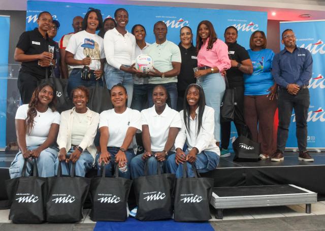 WINDHOEK, 11 October 2026 - National senior netball team players, technical team and league sponosrs MTC and national team sponsor Debmarine posing for a picture during a recognition ceremony for the senior national netball team, the Debmarine Desert Jewels, by MTC for qualifying to the 2027 Netball World Cup. (Photo: Hesron Kapanga) NAMPA