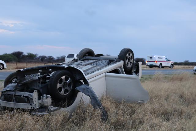 B1 ROAD, 11 October 2026 - The seven seater which overturned and rolled three times after an alleged tyre burst Sunday afternoon along the Otjiwarongo-Okahandja B1 road. Seven occupants including its 37-year-old driver survived the accident with slight to serious injuries and were taken to the Okahandja State Hospital for medical attention. (Photo by: Mulisa Simiyasa) NAMPA 