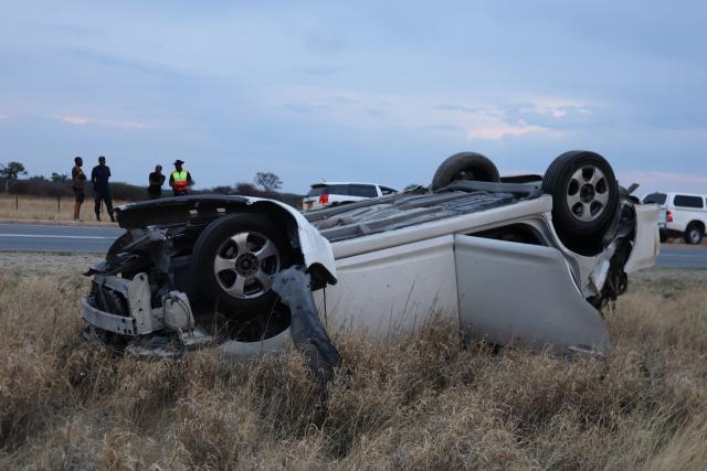 B1 ROAD, 11 October 2026 - The seven seater which overturned and rolled three times after an alleged tyre burst Sunday afternoon along the Otjiwarongo-Okahandja B1 road. Seven occupants including its 37-year-old driver survived the accident with slight to serious injuries and were taken to the Okahandja State Hospital for medical attention. (Photo by: Mulisa Simiyasa) NAMPA 