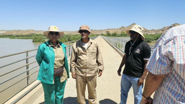 WINDHOEK, 11 October 2026 - Agriculture, Fisheries, Water and Land Reform, Inge Zaamwani (left) pictured with ||Kharas Regional Governor Dawid Gertze (middle) during her visit to Karasburg veterinary district (Photo: Contributed) NAMPA