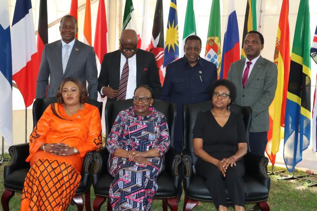WINDHOEK, 16 OCT (NAMPA) – Pictured seated, from left, are Dean and Ambassador of the Republic of Congo, Lauria Nguele Makoulet; Minister of International Relations and Trade, Selma Ashipala-Musavyi; and Acting Executive Director in the Ministry, Julia Imene Chanduru, at the inaugural Diplomatic Corps Fair underway in Windhoek, attended by regional governors and community members. (Photo by Uakutura Kambaekua) NAMPA.
