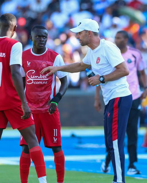 GABORONE, 17 October 2026 - African Stars head coach Gerald Günther issuing instructions to the players during their Confederation of African Football (CAF), Champions League second round first priliminary game against Orlando Pirates at the National Stadium of Botswana in Gaborone. Pirates won the match 1-0. (Photo by: Hesron Kapanga) NAMPA