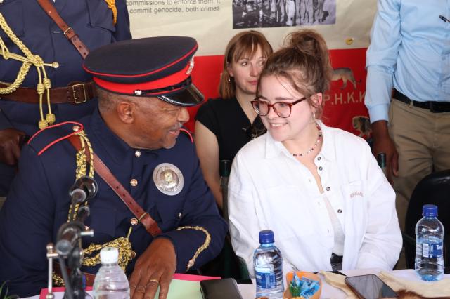 WINDHOEK, 19 October 2025 – Ovaherero Chief Professor Mutjinde Katjiua pictured with Charlotte Neuhäuser, a member of the German Bundestag from the left-wing party Die Linke, at a press briefing in Windhoek on Monday. (Photo by: Uakutura Kambaekua) NAMPA