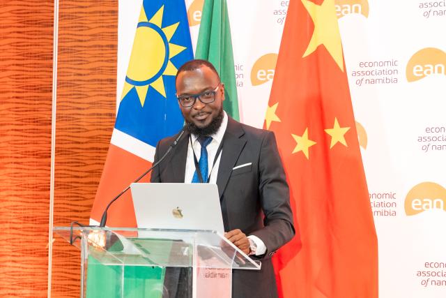 WINDHOEK, 27 October 2026 - Economic Association of Namibia chairperson Jason Kasuto speaking at the China-Africa Cooperation Symposium in Windhoek on Tuesday. 

(Photo contributed) NAMPA 