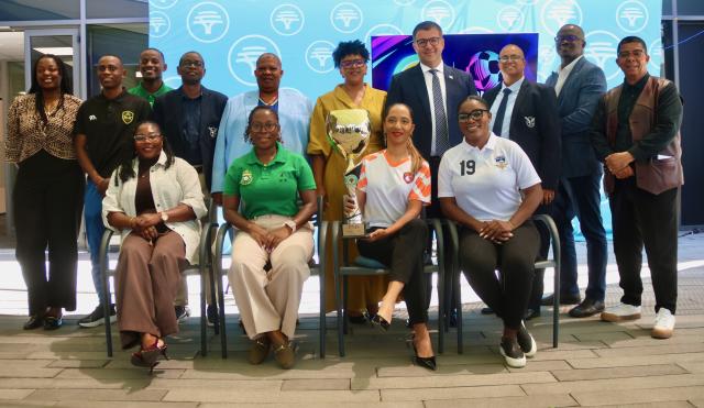 WINDHOEK, 27 October 2026 - Minister of Education, Youth, Sport, Arts and Culture Dino Ballotti (fourth from right), FNB Retail CEO Mbo Luvindao (second from right), and officials from the Namibia Football Association and the Women’s Super League pose for a photograph during the official launch of the Women’s Super League in Windhoek. (Photo by: Hesron Kapanga) NAMPA