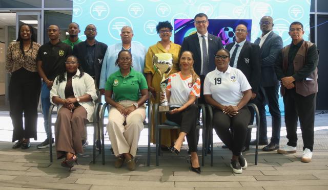 WINDHOEK, 27 October 2026 - Minister of Education, Youth, Sport, Arts and Culture Dino Ballotti (fourth from right), FNB Retail CEO Mbo Luvindao (second from right), and officials from the Namibia Football Association and the Women’s Super League pose for a photograph during the official launch of the Women’s Super League in Windhoek. (Photo by: Hesron Kapanga) NAMPA
