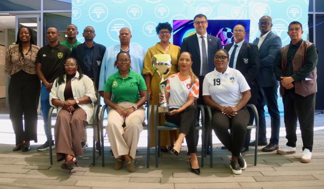 WINDHOEK, 27 October 2026 - Minister of Education, Youth, Sport, Arts and Culture Dino Ballotti (fourth from right), FNB Retail CEO Mbo Luvindao (second from right), and officials from the Namibia Football Association and the Women’s Super League pose for a photograph during the official launch of the Women’s Super League in Windhoek. (Photo by: Hesron Kapanga) NAMPA