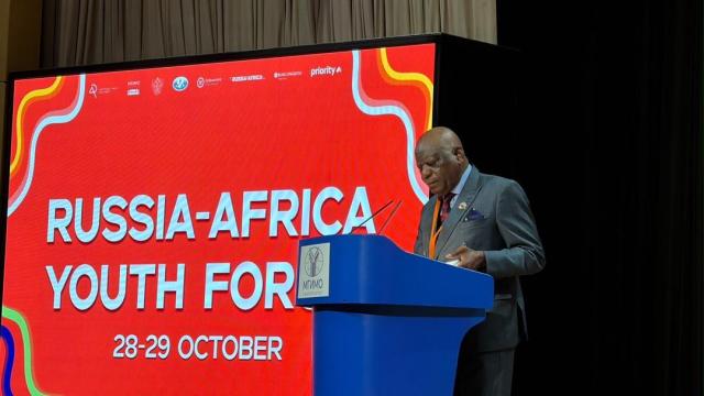 WINDHOEK, 28 October 2026 - Namibia‘s First Gentleman Epaphras Denga Ndaitwah addressing the Russia-Africa Youth Forum in Moscow, Russia (Photo: Contributed) NAMPA