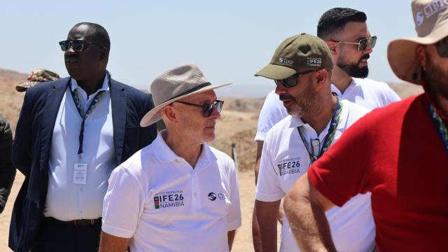 SWAKOPMUND, 28 October 2026 - Comprehensive Nuclear0-Test-Ban Treaty Organisation (CTBTO) Executive Secretary Robert Floyd photographed with another official during a field exercise trip outside Arandis. (Photo by: Isabel Bento) NAMPA