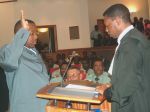 WINDHOEK, 16 December 2004 - Sebastiaan Gobs UDF councillor for Khorixas Constituency (L) being sworn in as member of the National Council by Chief Justice Peter Shivute during a swearing in ceremony on Thursday. (Photo by: Marx Hipandwa) NAMPA