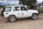 OPUWO, 09 FEB 2010 - (NAMPA) - The Namibia Red Cross Society car seen on the streets of Opuwo on Tuesday announcing and inviting people to go to different points of vaccination in the town to get their measles vaccines. (Photo by: Tjikunda Kulunga) Nampa 