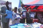 OSHAKATI, 25 April 2012 - The World Health Organisation (WHO) donated some 6 000 mosquito nets to the Ministry of Health and Social Services (MoHSS) during Namibia's national commemoration of World Malaria Day (WMD) 2012 at Oshakati on Wednesday. Pictured here (from left) are Permanent Secretary of the MoHSS Kahijoro Kahuure, WHO representative to Namibia Dr Magda Robalo, Namibian Health and Social Service Minister Dr Richard Kamwi and the WHO Director-General Dr Margaret Chan during the handing over of the nets at Oshakati on the same day. (Photo by: Mathias Nanghanda) NAMPA