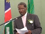 OSHAKATI, 13 June 2013 - Home Affairs and Immigration Deputy Minister Elia Kaiyamo speaking during the groundbreaking event for the construction of his Ministry's new Regional office for the Oshana Region at Oshakati on Thursday. (Photo by: Mathias Nanghanda) NAMPA