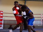 WINDHOEK, 15 July 2019 - Amateur boxer Nestor Thomas (in red) and Angola's Miguel Kembo pictured during the international amateur boxing tournament held at the After-School centre in Grysblok, Katutura. (Photo by: Hesron Kapanga) NAMPA