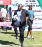 GOBABIS, 29 March 2024 - Namibia Football Association President Robert Shimooshili kicking a ball during the opening ceremony of the 22nd edition of the Nedbank Namibian Newspaper Cup at the Legare Stadium in Gobabis, Omaheke Region. (Photo by: Hesron Kapanga) NAMPA