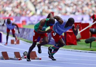 PARIS, 31 August 2024 – Paralympic sprinter Chris Kinda and his guide Kelvin Goagoseb compete in the heat of the men’s T11 400 metre (m) race of the Paris 2024 Paralympic Games at the Stade de France in Paris. (Photo by: Hesron Kapanga) NAMPA