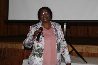 KEETMANSHOOP, 04 September 2024 - The deputy director of administration at the ||Kharas Regional Council, Engelhardine Swartz gives a presentation on the status of the drought relief programme in the ||Kharas Region. (Photo by: Suzith Tjitaura) NAMPA 