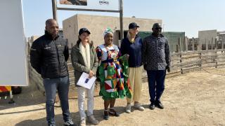 SWAKOPMUND, 07 September 2024 - (From left) Environmental Investment Fund Chief Executive Officer Benedict Lubinda; European Union Ambassador to Namibia Ana Beatriz Martin; Swakopmund Mayor Dina Namubes; EU Commissioner for Energy Kadri Simson and Chairperson of the National Housing Action Group, Heinrich Amushila pictured during the site handover of the TIDRET Solar Electrification Project at Swakopmund. (Photo by: Isabel Bento) NAMPA